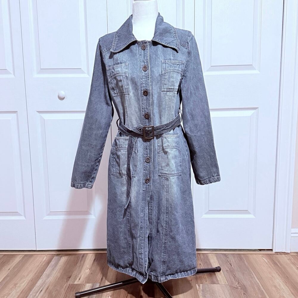 Jennyfer J Sz L denim duster jacket trench coat 4 pockets button front belted